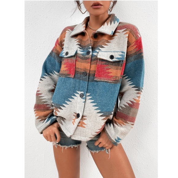 Aztec, Tribal, Geometric print Button Up Front, Pocket Detailed Jacket - Picture 3 of 6